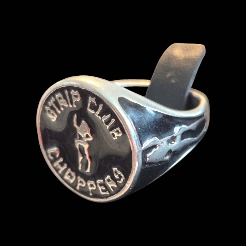 Strip Club Choppers Biker Signet Ring Silver Tone Black Enamel Size 11